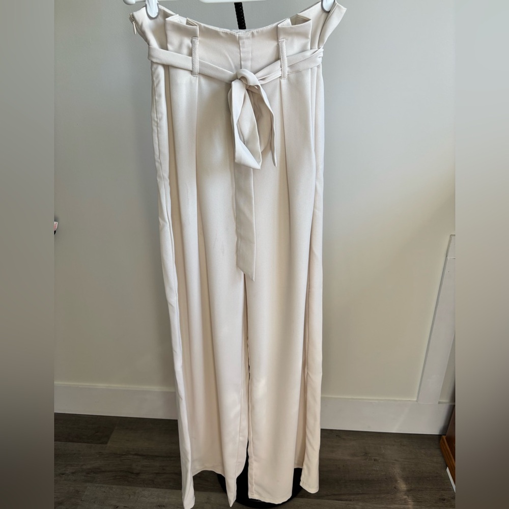 SHEIN Cream Wide Leg Tie-Waist Pants